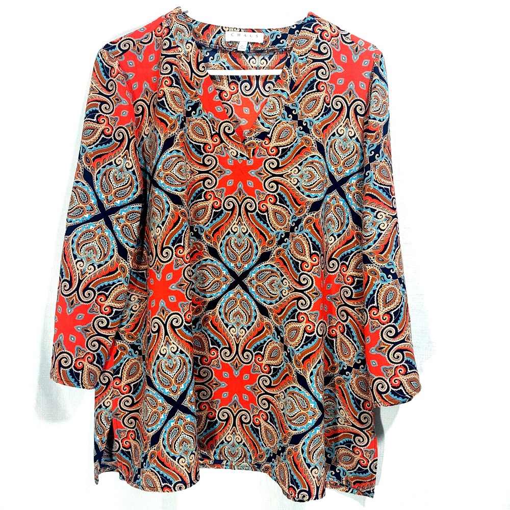 Chaus NY Womens Large Paisley Popover Blouse 3/4 Roll Tab Sleeves V Neck